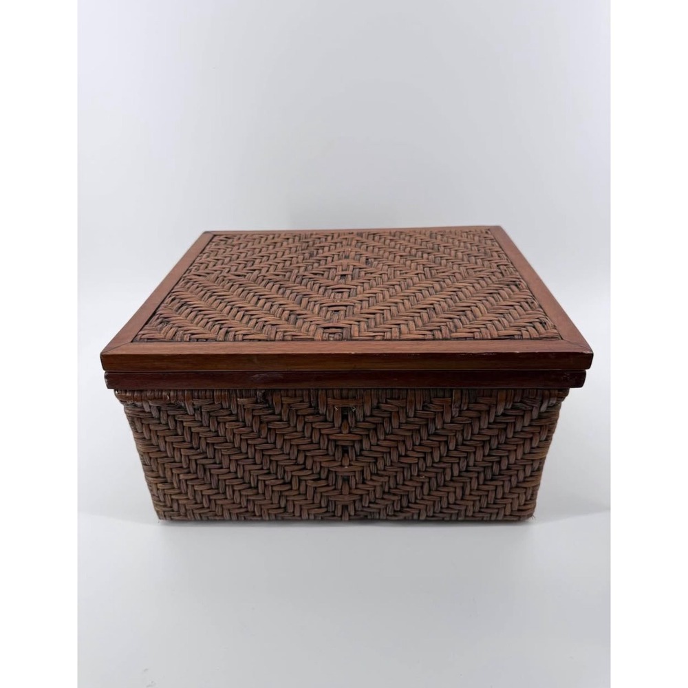 Storage Box Medium Herringbone Weave Rattan Wood Brown Solid
